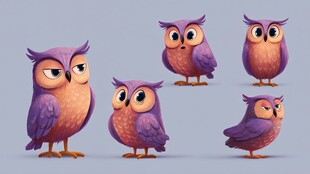 可爱紫色猫头鹰的多样姿态