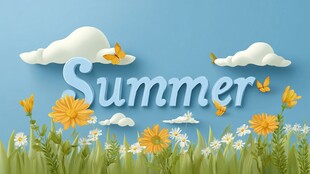 夏日草地蝴蝶云朵风景图