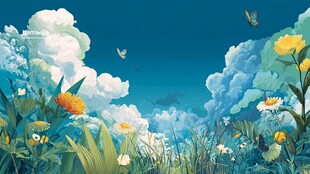 梦幻花草蓝天蝴蝶美景图