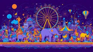 梦幻游乐园夜景插画