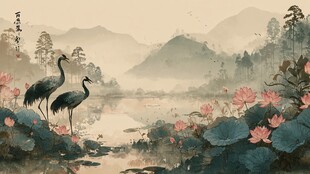 水墨荷塘双鹤图