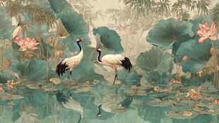 双鹤戏荷中式古风图景