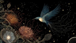 梦幻夜空中的飞鸟与繁花