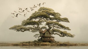 湖畔孤树中的静谧小屋