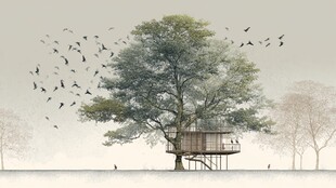 梦幻树屋与飞鸟的静谧之景