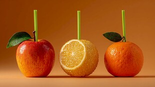 苹果柠檬橘子与吸管组合