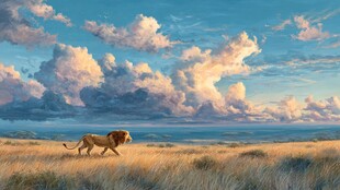 草原雄狮漫步壮丽天空下