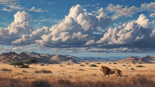 草原雄狮漫步壮丽天空下