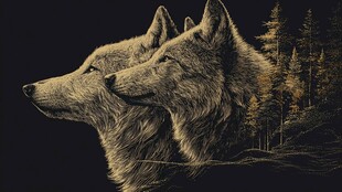 双狼相依于森林暮色中