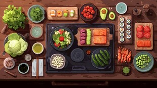 丰盛日式料理食材摆满桌