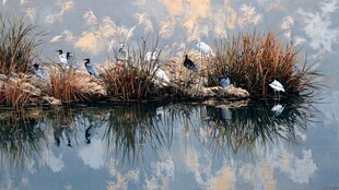 湖畔鸟类栖息的静谧画面