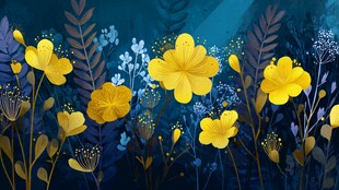 蓝底黄花植物插画