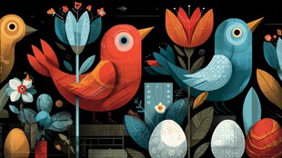 多彩鸟儿与花卉插画图案