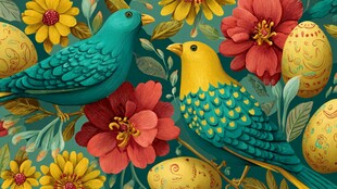 花鸟与彩蛋的缤纷画面