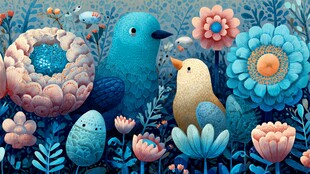 蓝鸟与花朵的梦幻场景