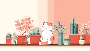 可爱猫咪与多彩盆栽同框
