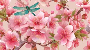 粉樱枝头蜻蜓立