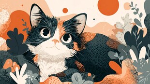 可爱三色猫置身多彩植物间