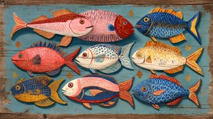 多彩海鱼木板画艺术展示