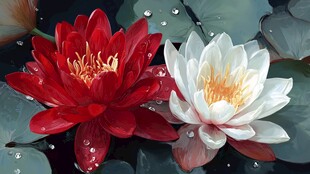 双色睡莲绽于碧叶之上