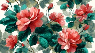 水彩绘粉色花卉绿叶图案