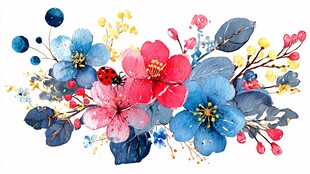 水彩花卉与瓢虫装饰画