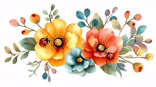 水彩花卉组合 瓢虫点缀