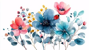 水彩花卉与瓢虫的梦幻组合