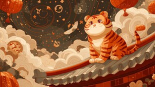屋顶萌虎迎祥瑞夜空景象