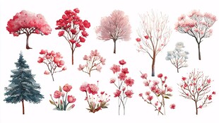 水彩风花卉树木插画素材