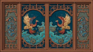 中式双凤雕花门窗图案