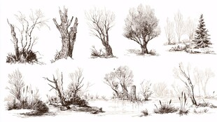 手绘树木及自然景观集合