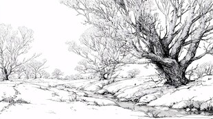 冬日旷野老树素描风景