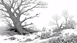 冬日枯树雪景素描图