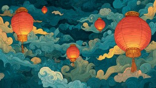 祥云间的红灯笼梦幻图景