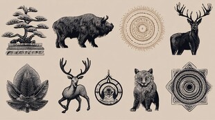 动物植物与几何图案插画