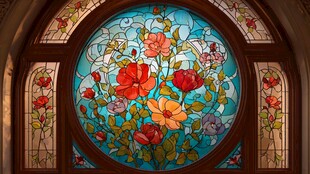 圆形花卉彩色玻璃窗艺术
