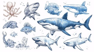 海洋生物插画 鲨鱼与伙伴