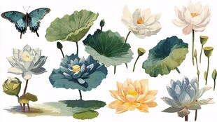 夏日荷花与蝶插画素材