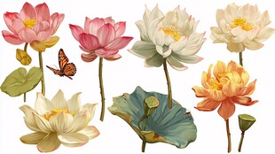 多彩荷花与蝴蝶插画素材