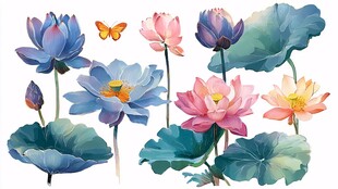 梦幻多彩荷花与灵动蝴蝶