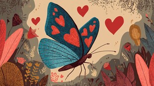 爱心蝴蝶飞舞于花卉间