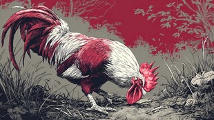 红白色公鸡于草地觅食