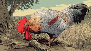 田野中觅食的多彩大公鸡