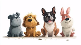 四只萌犬并排坐