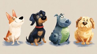 四只可爱卡通狗狗排排坐