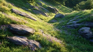 阳光照耀下的山间草地石景