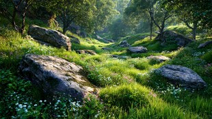 阳光洒落的静谧林间草地