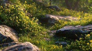 阳光照耀下的石间花草
