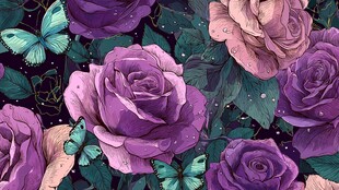 梦幻紫玫瑰与蝴蝶图案
